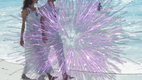 Surreal Beach Walk with Digital Halo Effect Overlay