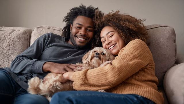 Happy couple relaxing with their dog on cozy sofa at home
