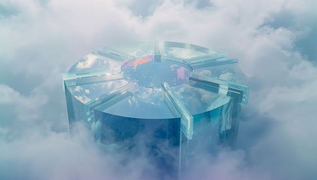 Futuristic circular glass platform amidst cloudscape