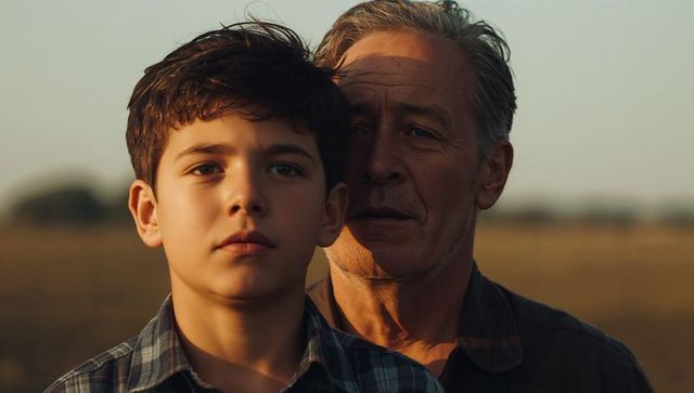Sunlit father and son standing in rural field at golden hour, gazing toward horizon