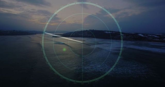 Aerial radar scanning over ocean at dusk with soft waves and twilight sky