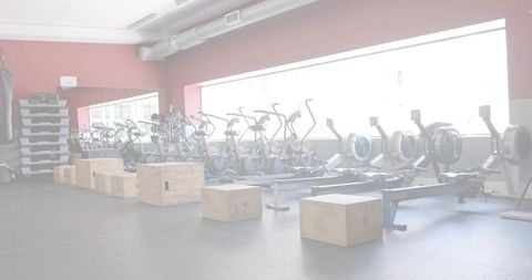 Sunlit functional gym interior with rowing machines, exercise bikes and wooden plyo boxes