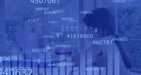 Girl in Mask Using Laptop with Data Overlay