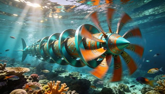 Gliding ornate turbine torpedo with spinning propeller over tropical coral reef