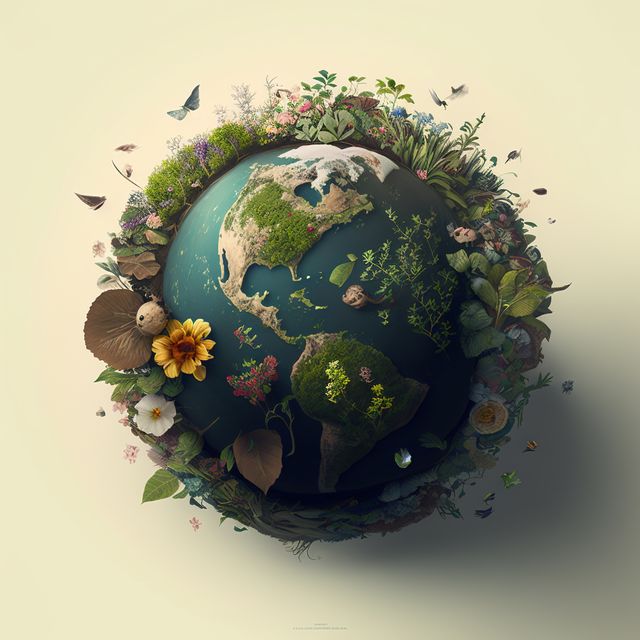 Globe with multiple flowers and plants overgrowing, created using generative ai technology. Earth day and ecology concept digitally generated image.