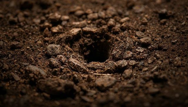 Macro closeup of small burrow opening in textured soil rim with pebbles and twigs