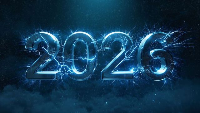 Electrified 2026 Neon Numerals Charging with Blue Lightning and Cinematic Mist