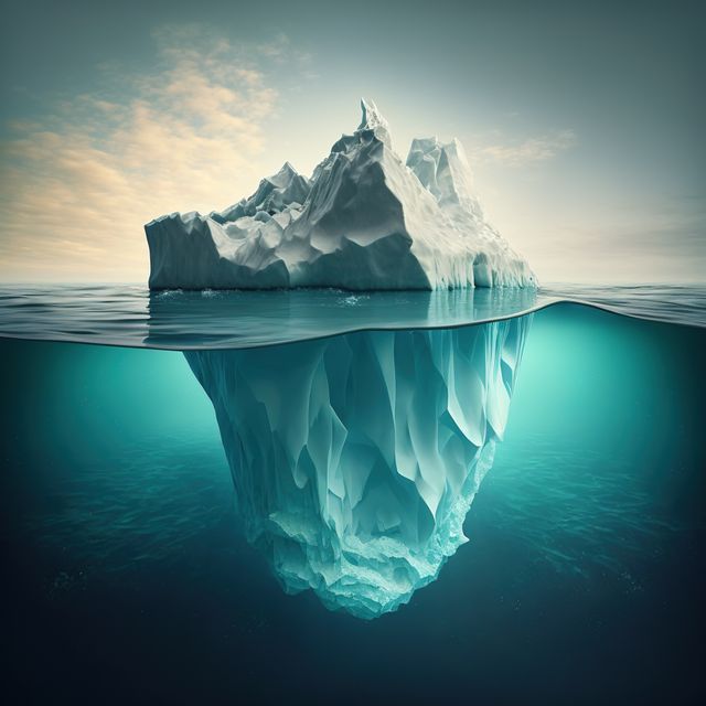 Composition of iceberg reflected in blue sea over blue sky, created using generative ai technology. Nature and icebergs concept digitally generated image.