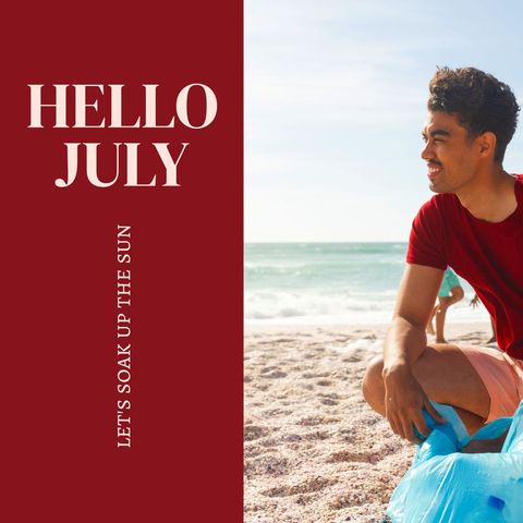 Smiling Man on Sunny Beach with Hello July Text