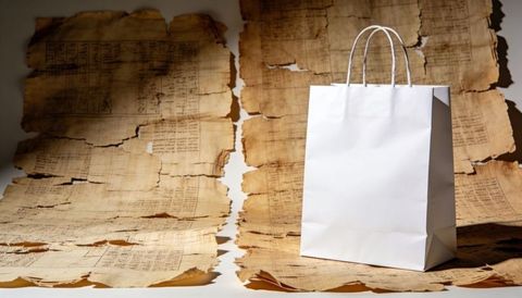 Minimal white paper shopping bag standing on torn aged parchment background for branding