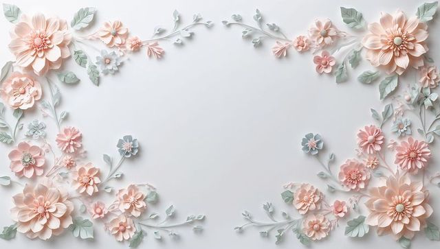 Framing delicate peach paper flowers with pastel mint leaves around blank center