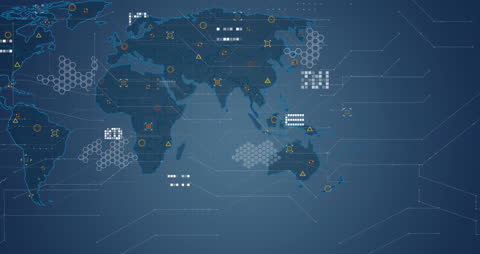 Digital World Map with Data Overlays and Network Connections