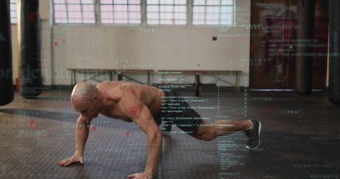 Holding intense push-up workout with digital code overlay merging fitness and technology