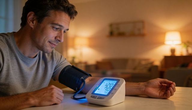 Man checking blood pressure at home with digital monitor and arm cuff evening routine
