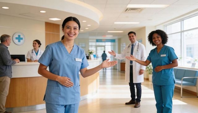 Smiling doctor and nurses welcoming patients in bright hospital lobby with friendly staff