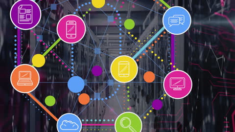 Digital Networking Icons in Futuristic Server Room