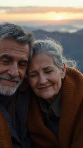 Senior couple embracing under mountain sunset sharing blanket on overlook vertical video