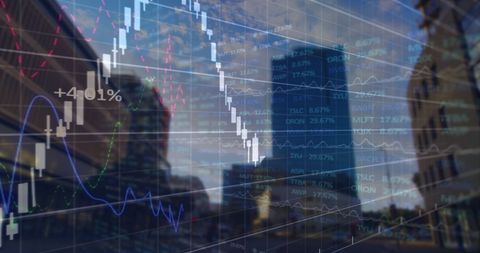 Digital data streams over urban skyline showing global business