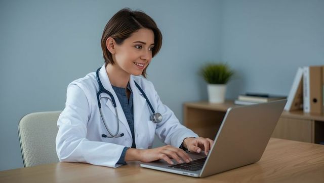 Female doctor typing on laptop at clinic with stethoscope