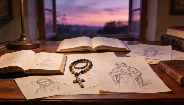 Vintage wooden desk with rosary and devotional sketches at sunset for faith study, prayer