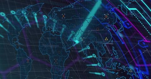Holographic world map hud displaying neon scan beams and pulsing data nodes