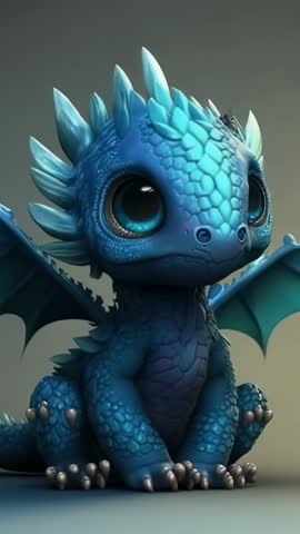 Vertical 3D Cute Blue Dragon Character Animation — Head Tilt, Blinking, Wing Twitch Loop