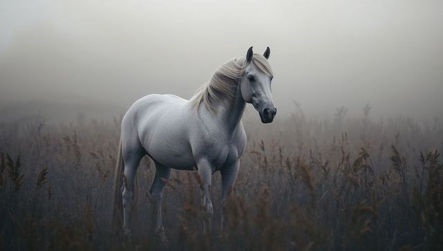 White horse in misty field during early morning