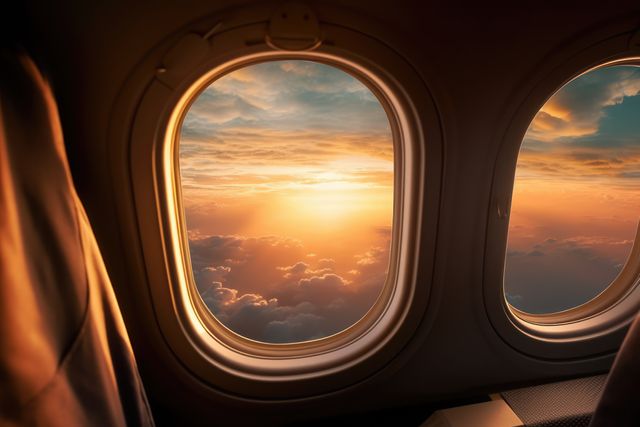 Sky with clouds and sunset seen through airplane window, created using generative ai technology. Air travel and outside airplane window concept digitally generated image.