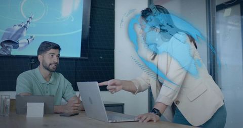 Business professionals analyzing technology trends with digital interface