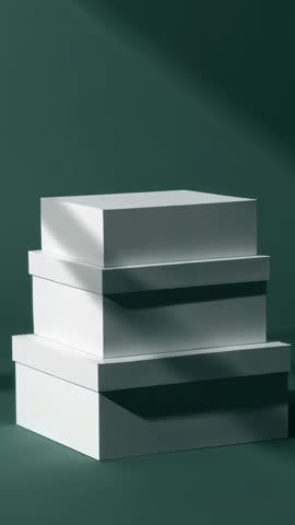 Vertical video panning three stacked white boxes on green background revealing minimalist geometry