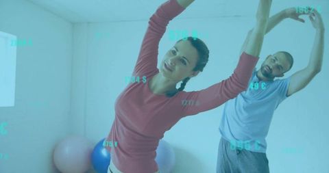 People Performing Stretching Exercises Overlayed with Fitness Data