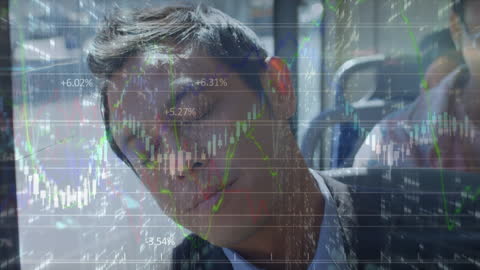 Tired Businessman with Financial Data Overlay in Transit
