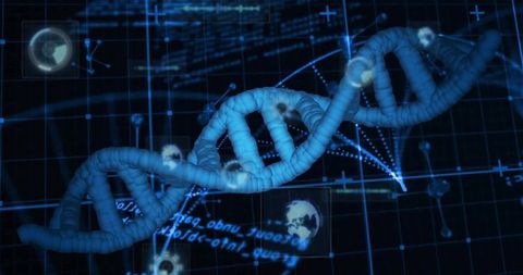 DNA Double Helix Twisting Through Digital Grid Visualizing Genome Data and Biotech Networks