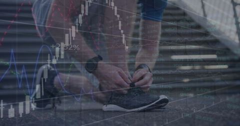 Caucasian Man Tying Shoelaces with Stock Market Data Overlay