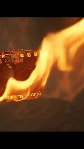 Burning film strip curling, flames consuming celluloid reel in slow-motion macro video