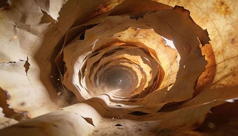 Spiral tunnel of peeling bark revealing concentric layers, warm texture and luminous center