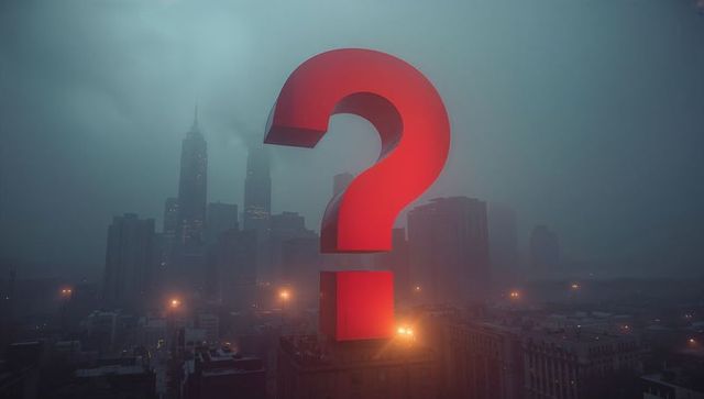 Floating Red Question Mark Amidst Foggy Urban Skyline