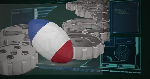 Innovative french tech concept with gears and digital holograms