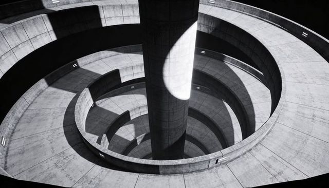 Sunlit spiral concrete ramp encircling central column in brutalist circular atrium