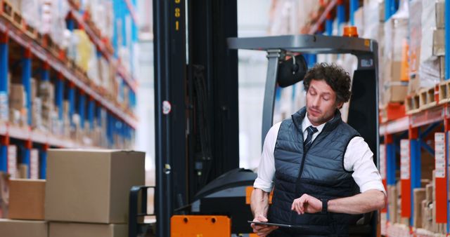 Warehouse Manager Checking Time while Using Tablet in Inventory Aisle - Download Free Stock Images Pikwizard.com