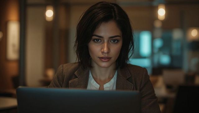 Focused professional woman working late on laptop in modern coworking space ambient lights