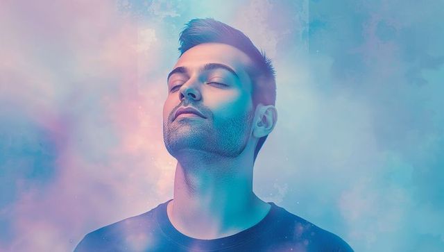 A man appears tranquil and composed, surrounded by an ethereal mix of pastel mist effects, illustrating a sense of mindfulness and introspection. The soothing colors contribute to an atmosphere of calm and relaxation, suitable for themes centered on meditation, spiritual health, and mental well-being. This visual can enhance products or services related to mindfulness practices, wellness centers, or art prints conveying tranquility.