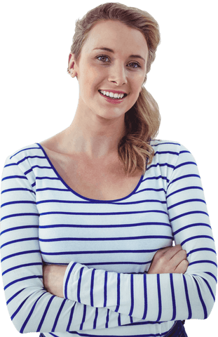 Confident smiling woman in blue white striped shirt transparent background