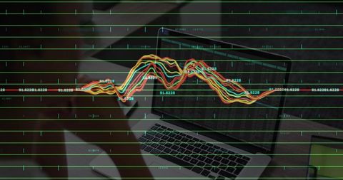 Woman Engaged in Data Analysis on Laptop with Overlayed Charts