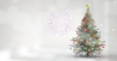 Snow and Fireworks Over Christmas Tree in Festive Winter Scene