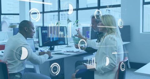 Team Analyzing Business Data with Futuristic Interface in Office