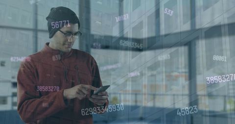 Tech-Savvy Professional Using Smartphone with Data Overlay