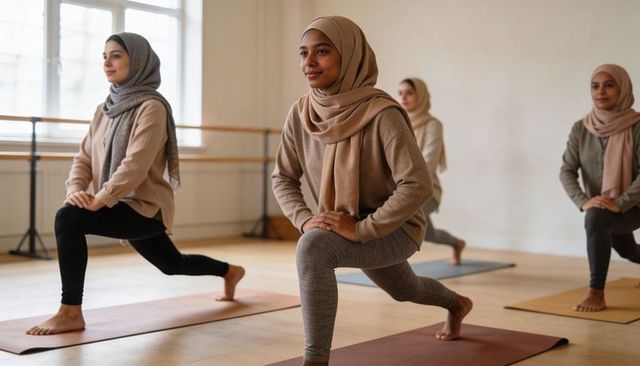 Muslim women practicing yoga in modest activewear performing forward lunge in studio class
