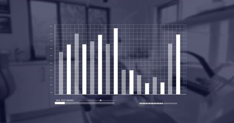 Translucent digital bar chart overlaying dental clinic operatory with interactive slider