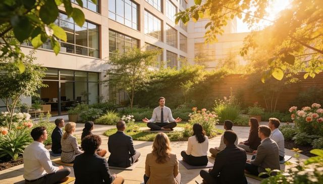 Sunlit corporate mindfulness session office courtyard employees meditating with instructor